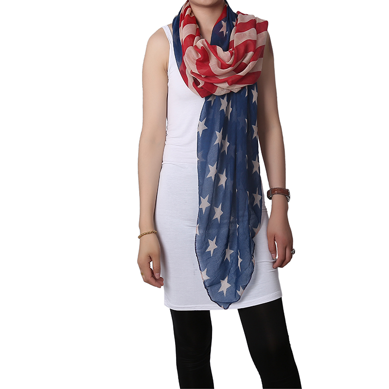 Women White and Blue American Flag Long Scarf