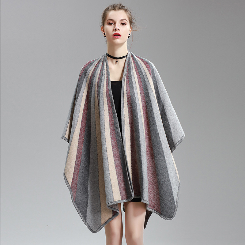 Womens Cashmere Feel Alike Fancy Stripe Printing Cape Stole Poncho Shawl (SP291)