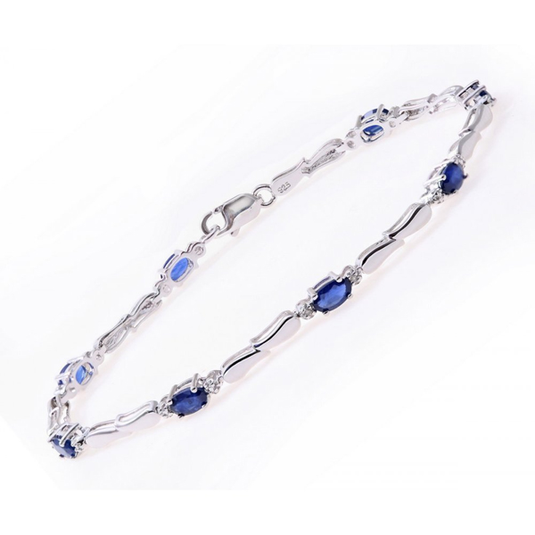 Sterling Silver Bracelet Set with Blue Sapphire Gem Stone and Diamonds