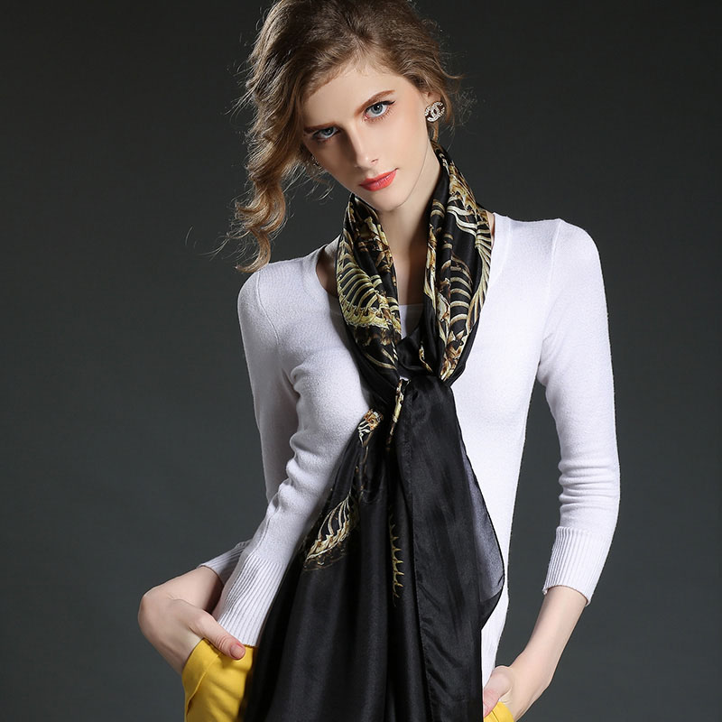 Ms China Golden Dragon Pattern Silk Scarves Black Scarf