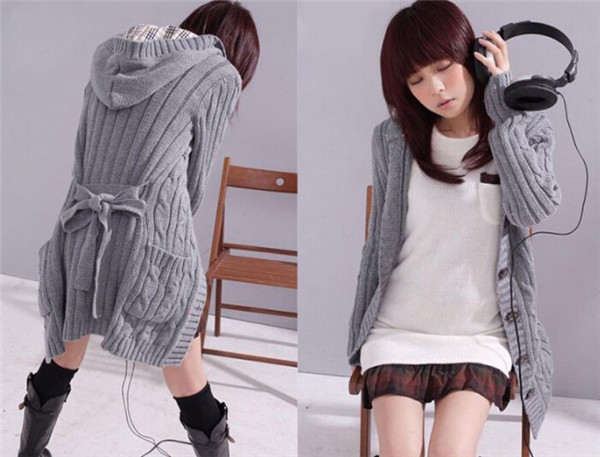 Latest Single Breasted Casual Long Trench Knitting Women's Cardigan with Hood