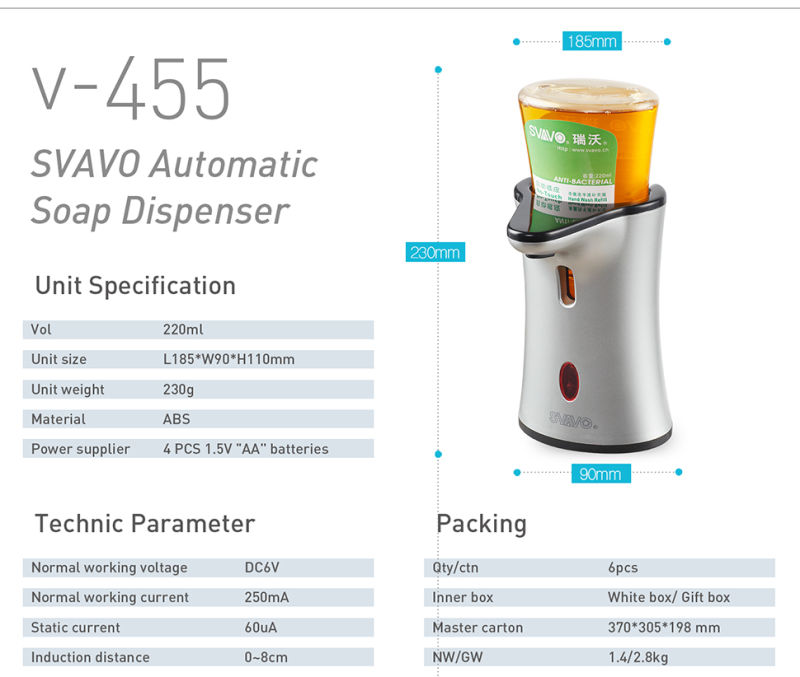 V-455 Disposable Type Bathroom Automatic Sensor Liquid Soap Dispenser Battery Operating