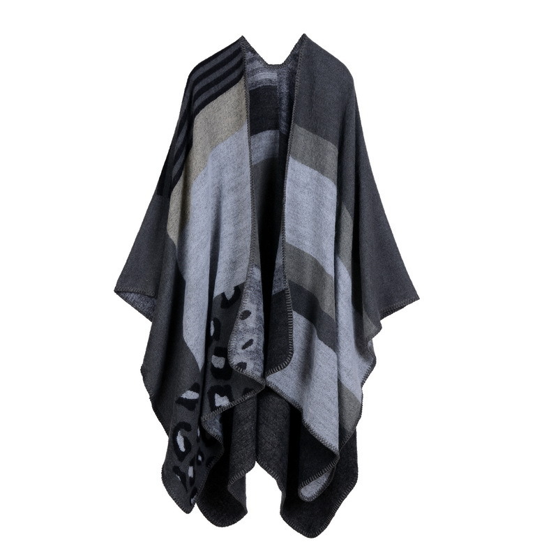 Women's Color Block Open Front Blanket Poncho Geometric Cashmere Cape Thick Warm Stole Throw Poncho Wrap Shawl (SP215)