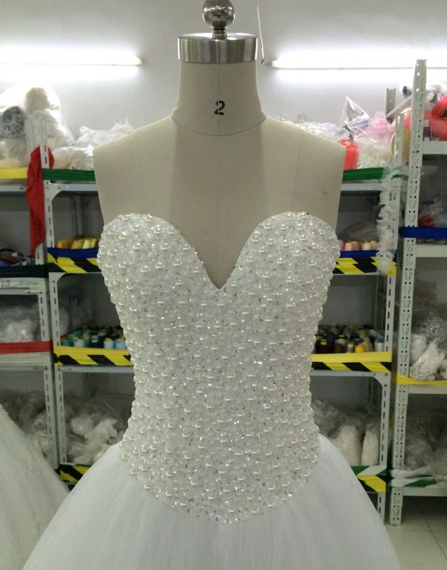 New Bead/Pearl/Rhinestone/Crystal Wedding Dresses with Tulle Train