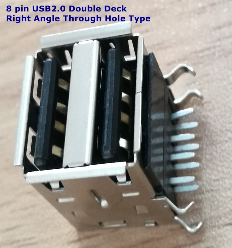 8 Pin USB2.0 Connector Double Deck Right Angle Through Hole Type