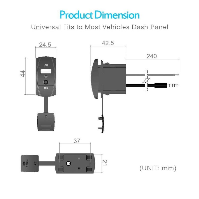 Rocker Style 2.1A USB Car Charger with 3.5mm Aux Port for Rocker Switch Panel