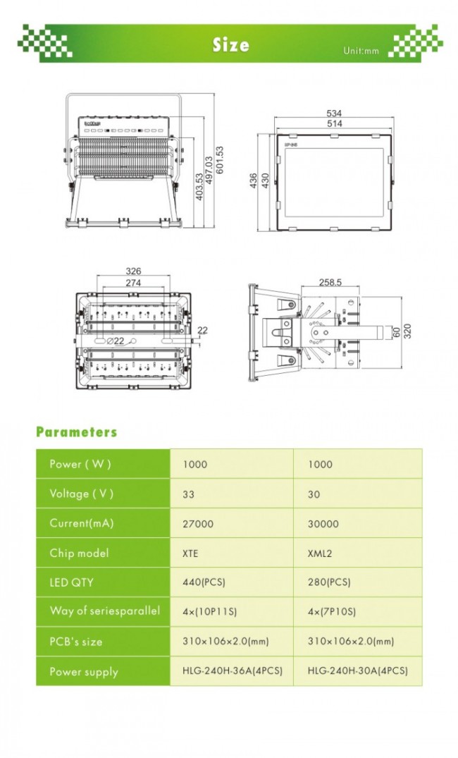 100000lm City Square LED Floodlight 1000W Outdoor LED Lamp Meanwell Driver CREE Chip