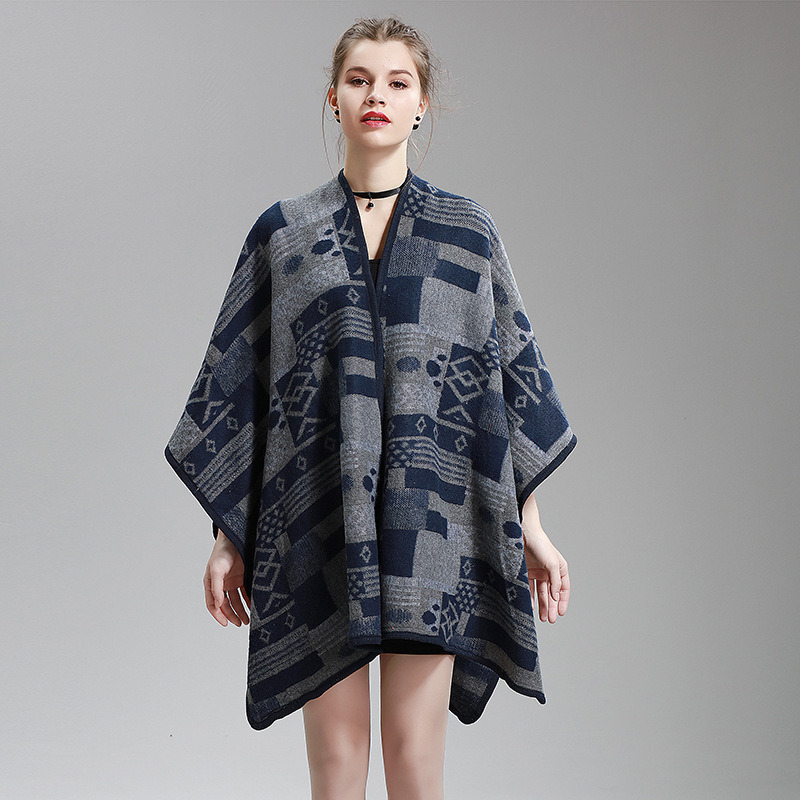 Womens Cashmere Feel Alike Fancy Checked Cape Stole Poncho Shawl (SP292)