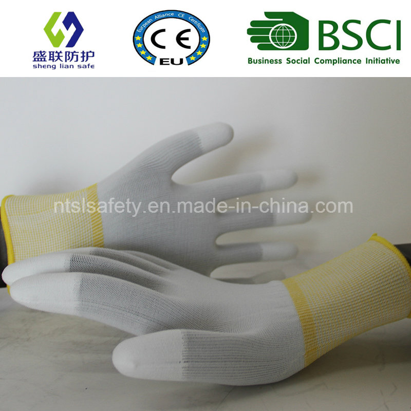 13G White Polyester Nliner with White PU Finger Tip Coating Work Glove (SL-PU205)