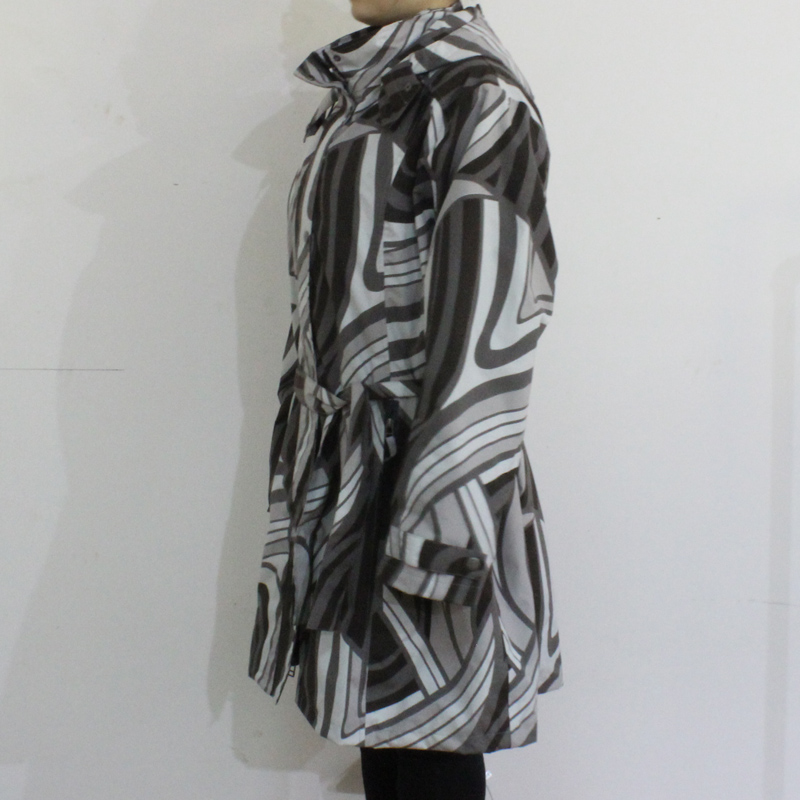 Black and White Geometric Pattern Hooded PVC Raincoat for Woman