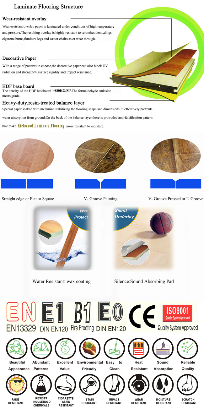 Vinyl 8.3mm HDF Sound Absorbing Laminated Wood Flooring