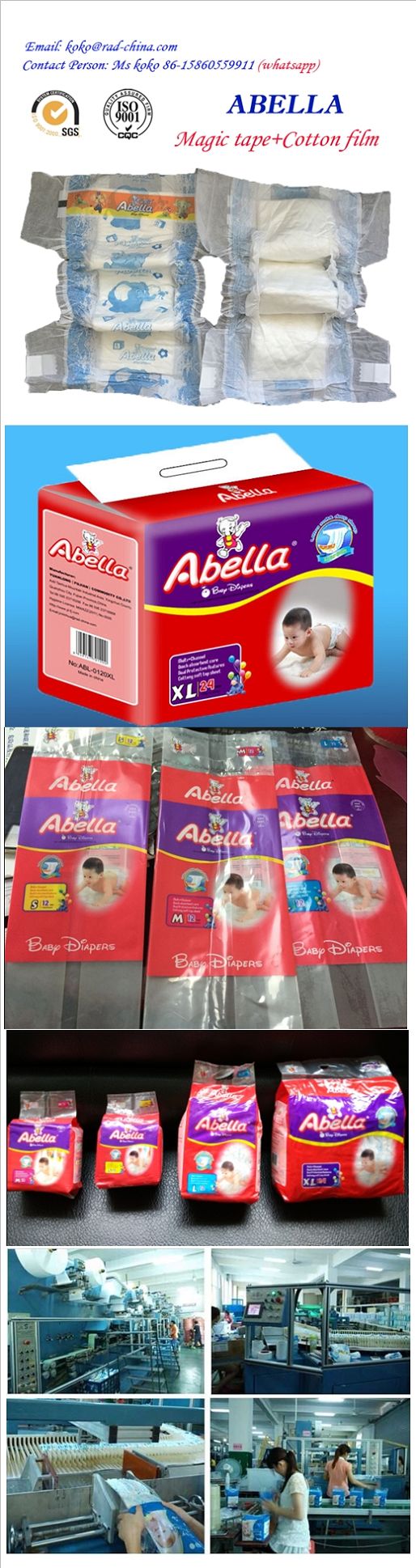 Abella Magic Tape Cloth Like Backflim High Quality Absorbtion Disposable Baby Diaper
