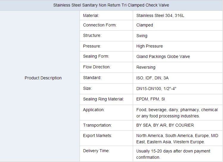 Stainless Steel Sanitary Non Return Tri Clamped Check Valve