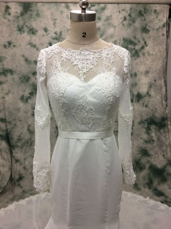 Long Sleeve Cathedral Train Chiffon Fit and Flare Wedding Dress