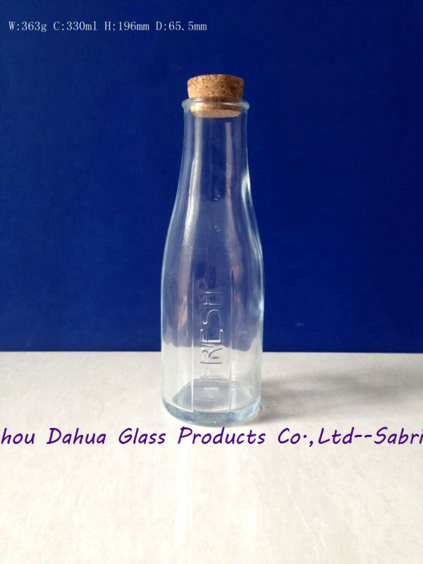 330ml Carved Clear Glass Bottles for Milk, Yoghourt with Cork