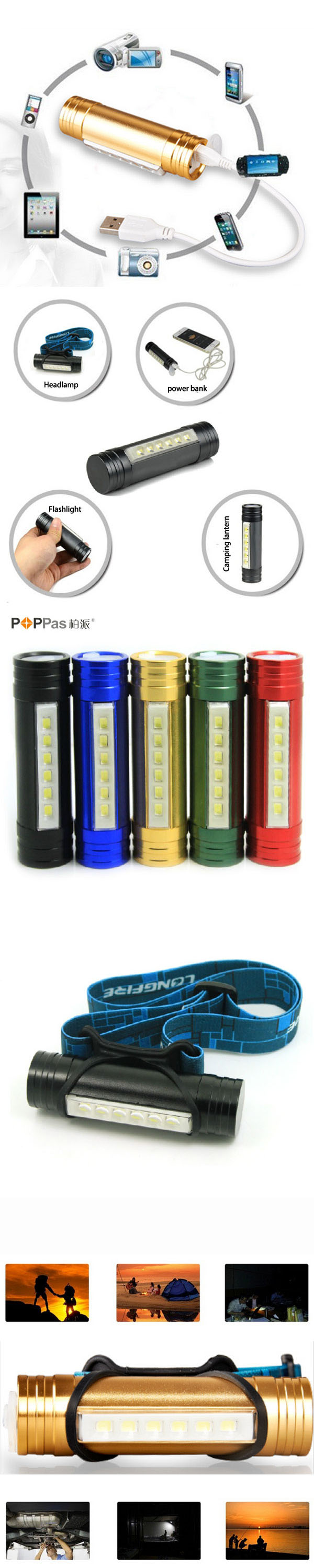 6PCS SMD LED 18650 Rechargeable Power Bank Flashlight /Headlamp Poppas-6616