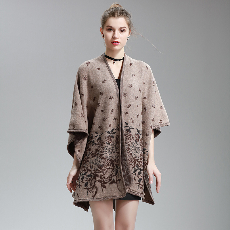 Womens Cashmere Feel Flower Printing Fancy Cape Stole Poncho Shawl (SP297)