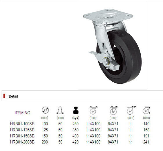 Heavy Duty Caster Series- 4in. W/Side Brake - Rubber Wheel