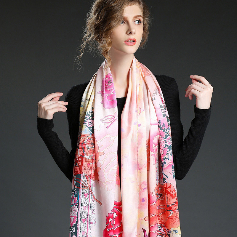 Silk Satin Scarf Digital Printing Long Scarf Shawl for Autumn Sp898-1