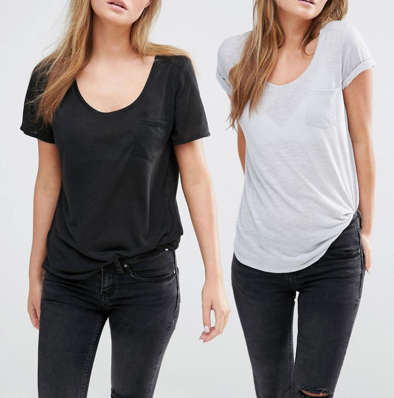 Cheap Polyester Fashion Jersey Pocket on Front Women Tee Tshirt