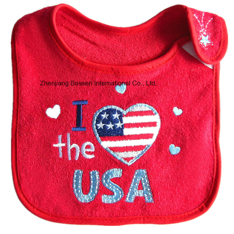 Promotional Customized Cotton Soft Embroideried & Applique Cute Cartoon Waterproof Absorbent Terry Baby Bibs