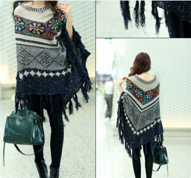 2018 Women's Knitted Tassels Poncho Pullover Fashion American Style