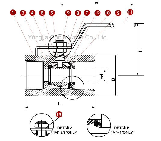 1 PC Hexagonal 2000 Psi Carbon Steel Threaded Ball Valve (Q11F)