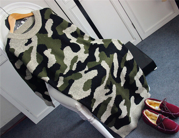 Korean O-Neck Camouflage Sweater Hoodies Knitting Dress