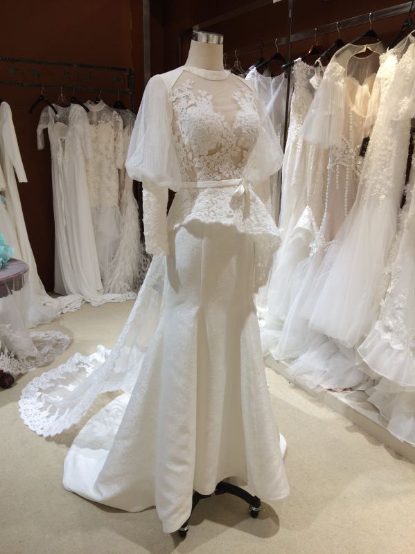 A Line Long Sleeve Backless Halter Wedding Dress