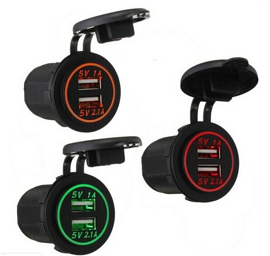 2 USB Car Charger Socket Power Outlet 1A & 2.1A for iPad iPhone Car Boat Marine Mobile Blue LED Light