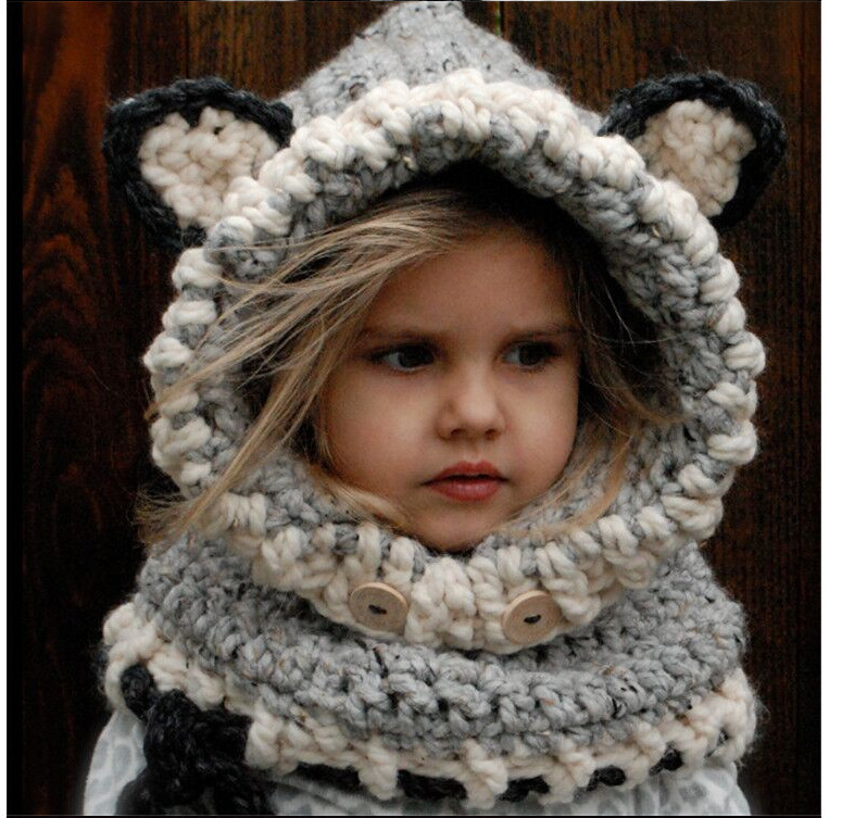 Warm Winter Kids Crochet Knitted Caps Coif Hood Fox Scarf Earflap Beanies Hat (HW602)