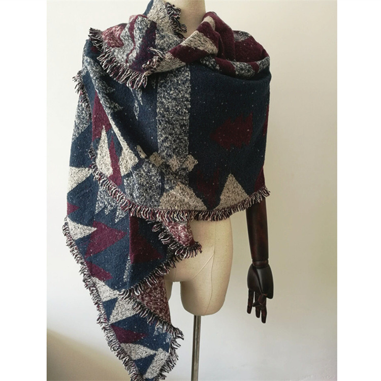 Women's Cashmere Like Knitted Winter Heavy Triangle Geometry Printing Shawl Scarf (SP300)