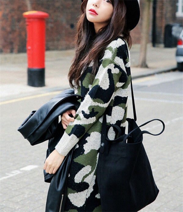 Korean O-Neck Camouflage Sweater Hoodies Knitting Dress