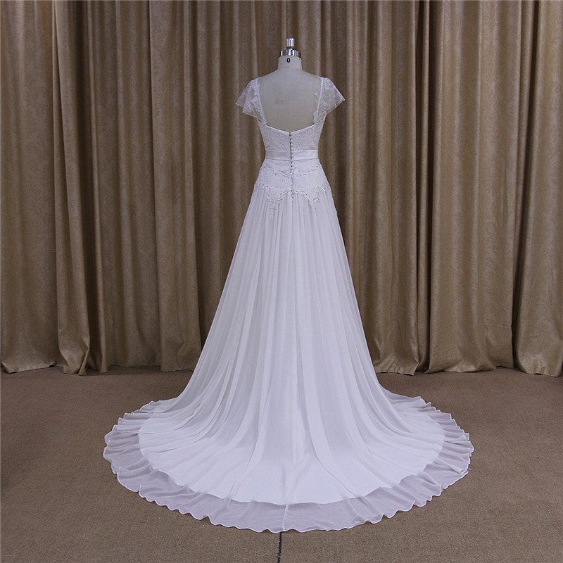 Backless Beaded Cap Sleeve Chiffon Wedding Dress
