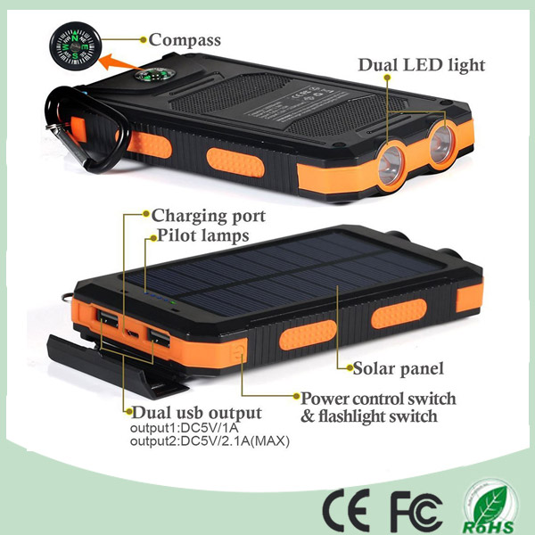 Waterproof Dual USB Mobile Phone Solar Power Bank Charger with Dual LED Light (SC-6688)