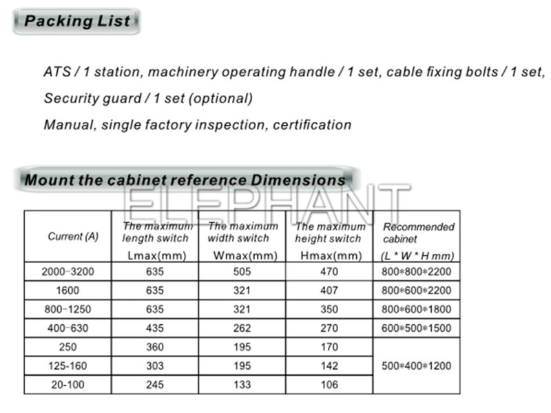 250A Dual Power ATS and Automatic Transfer Switch