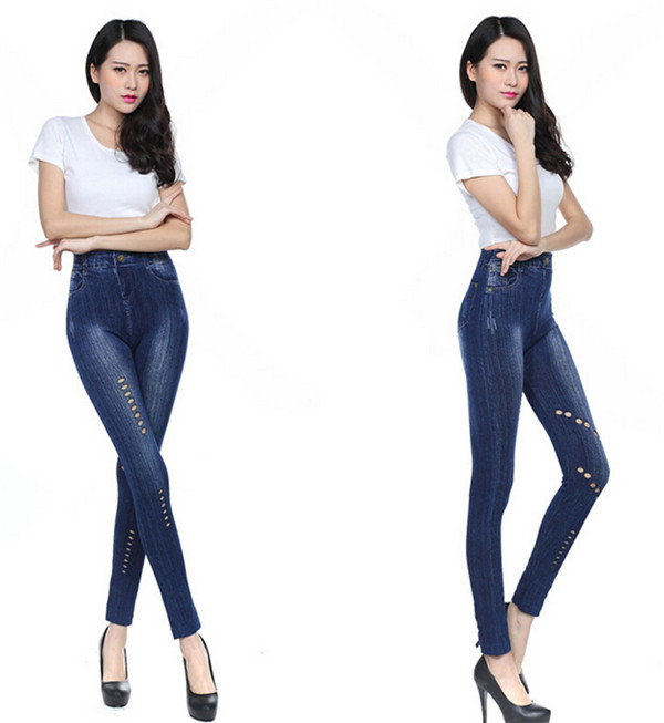 Seamless Cotton Denim Europe and America Hollow Solid Color Leggings