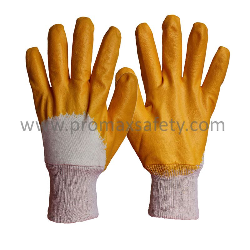 Interlock Cotton Liner Yellow Nitrile Coated Glove with Open Back