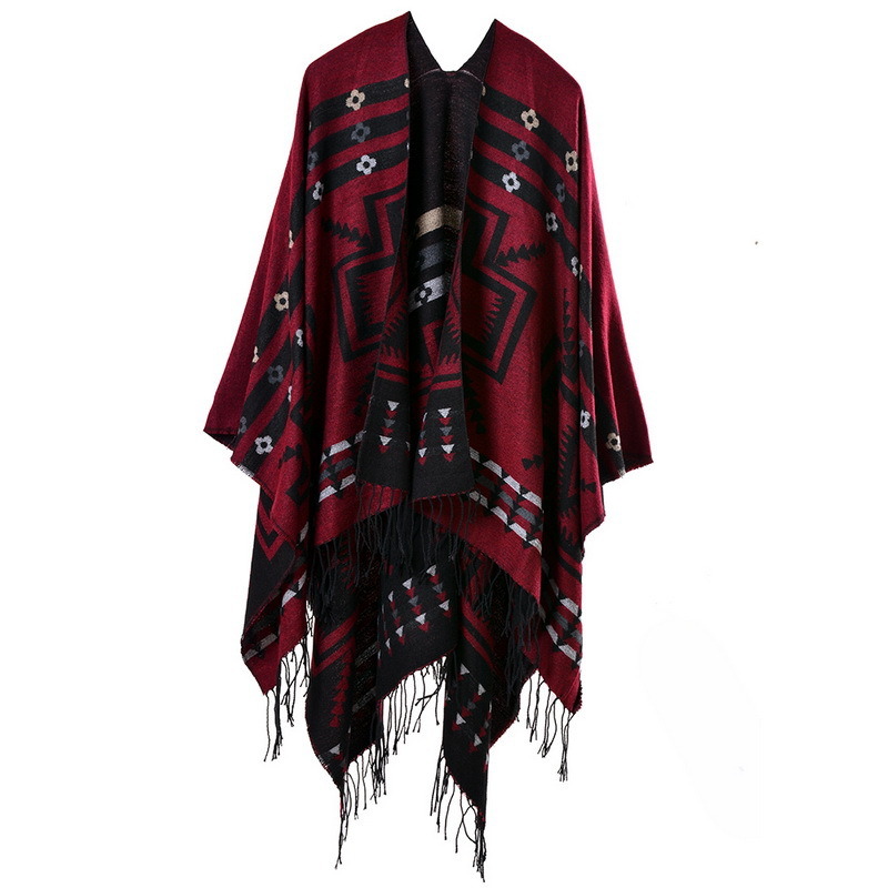 Women's Color Block Open Front Blanket Poncho Bohemian Cashmere Like Cape Thick Warm Stole Throw Poncho Wrap Shawl (SP220)