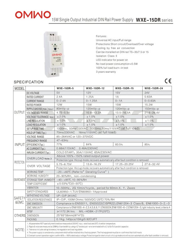 Omwo Wxe-15dr-5 Single Output DIN Rail Switching Power Supply