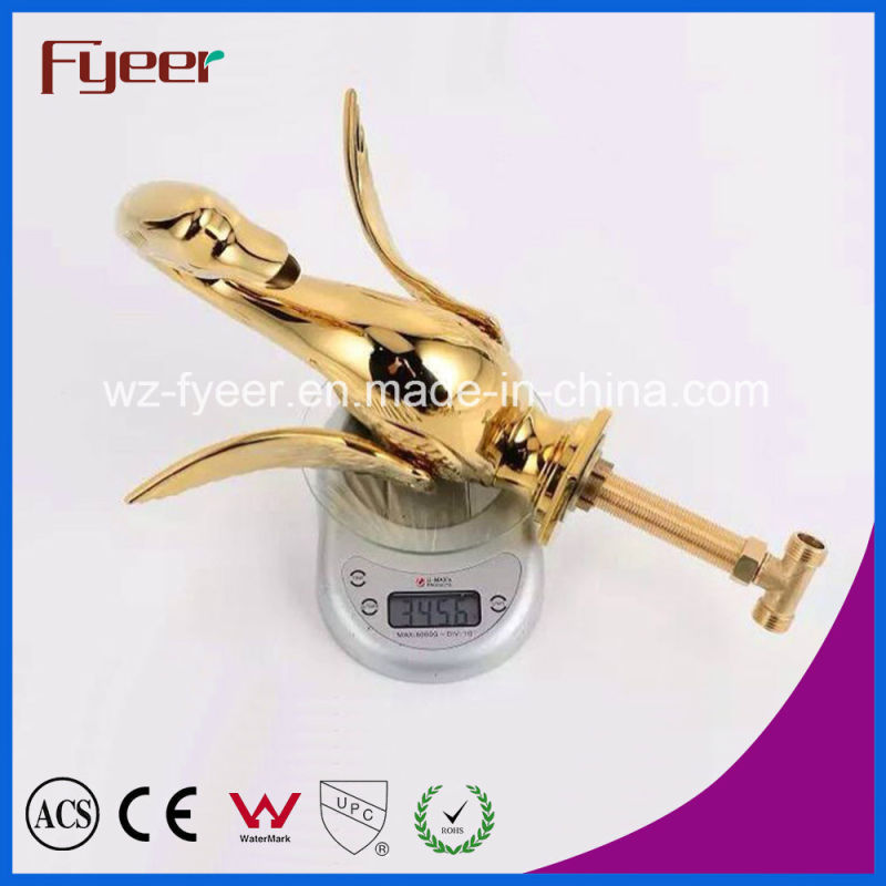 Fyeer Fashionable Golden Double Handle Swan Wash Basin Faucet