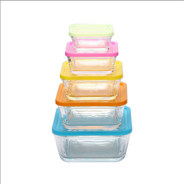 5PCS Square Glass Bowl Set with Color Lid (GB1409)