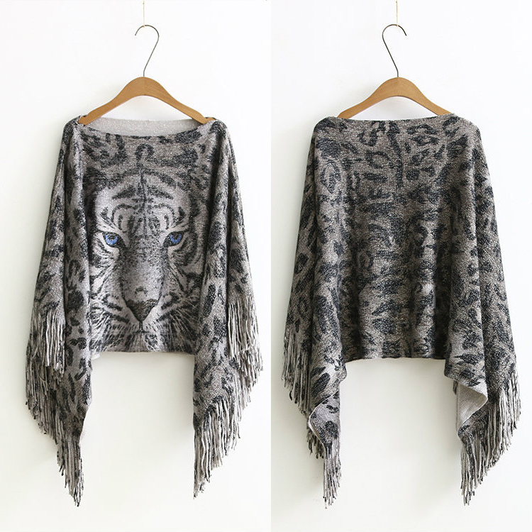 Womens Sweater Cardigan Wraps Lurex Tiger Printing Winter Knitted Shawls Poncho (SP611)