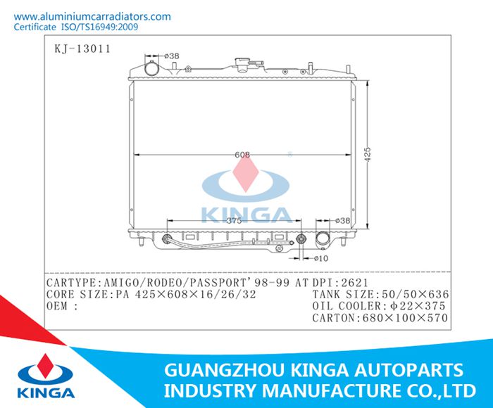 Efficient Cooling Aluminum Auto Radiator for Isuzu Amigo / Rodeo / Passport 1998-1999