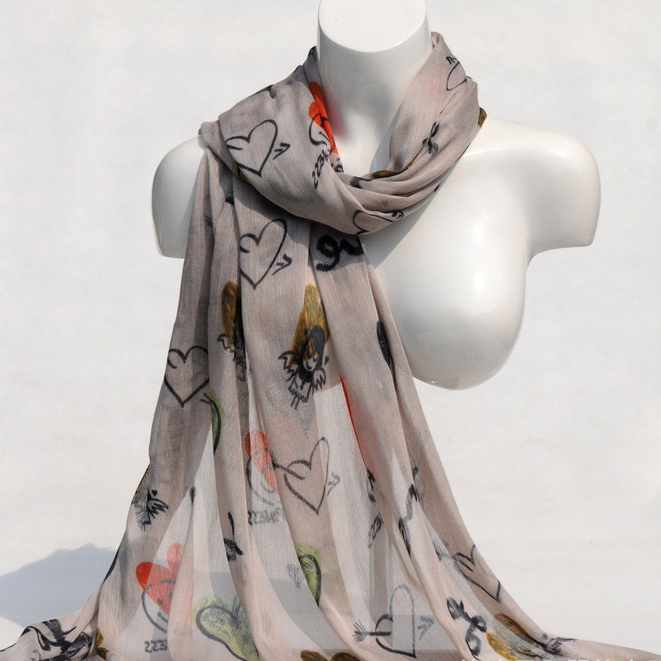 Women's Viscose Heart Love Printing Spring Autumn Summer Woven Beach Cover Shawl Scarf (SW125)