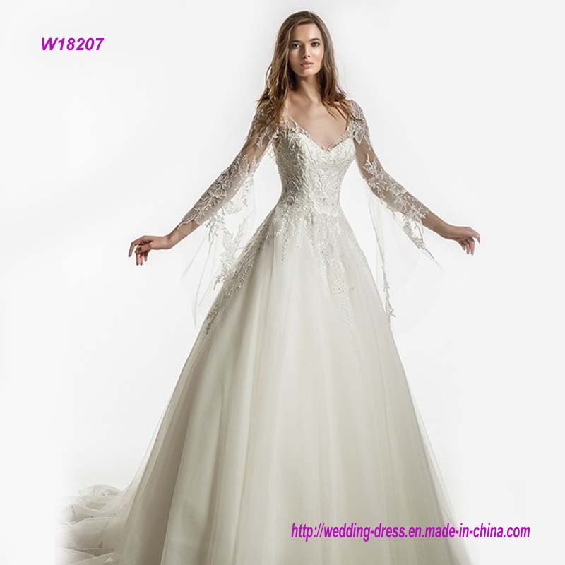 Long Sleeves V Neck Princess Wedding Dress