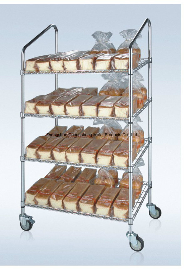 Slanted 5 Tiers Chrome Metal Wire Bread Display Trolley Rack