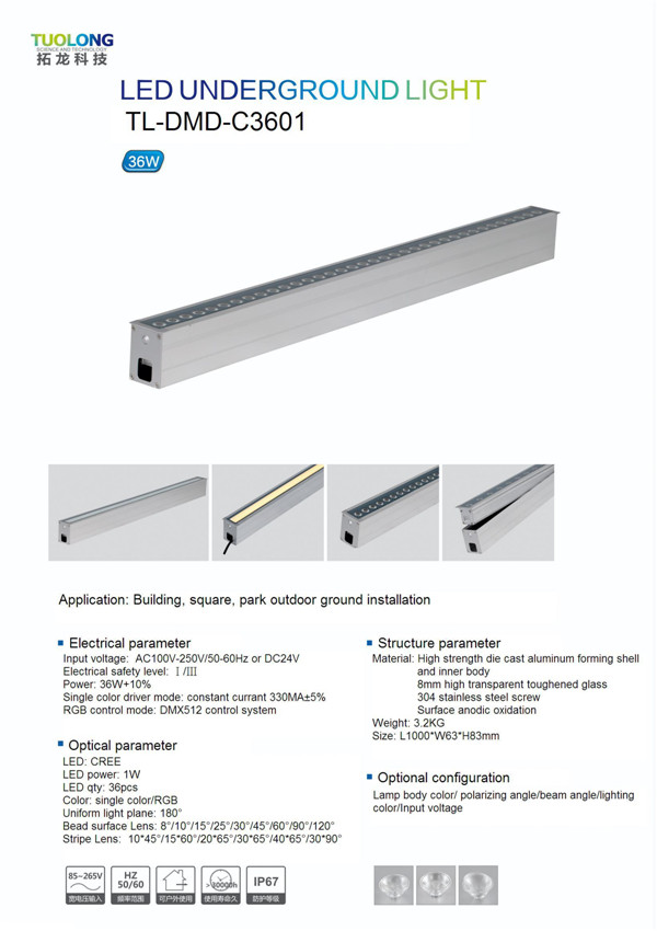 6063 Extruded Aluminum IP67 Customized Length Linear LED Inground Light 36W LED Uplighting