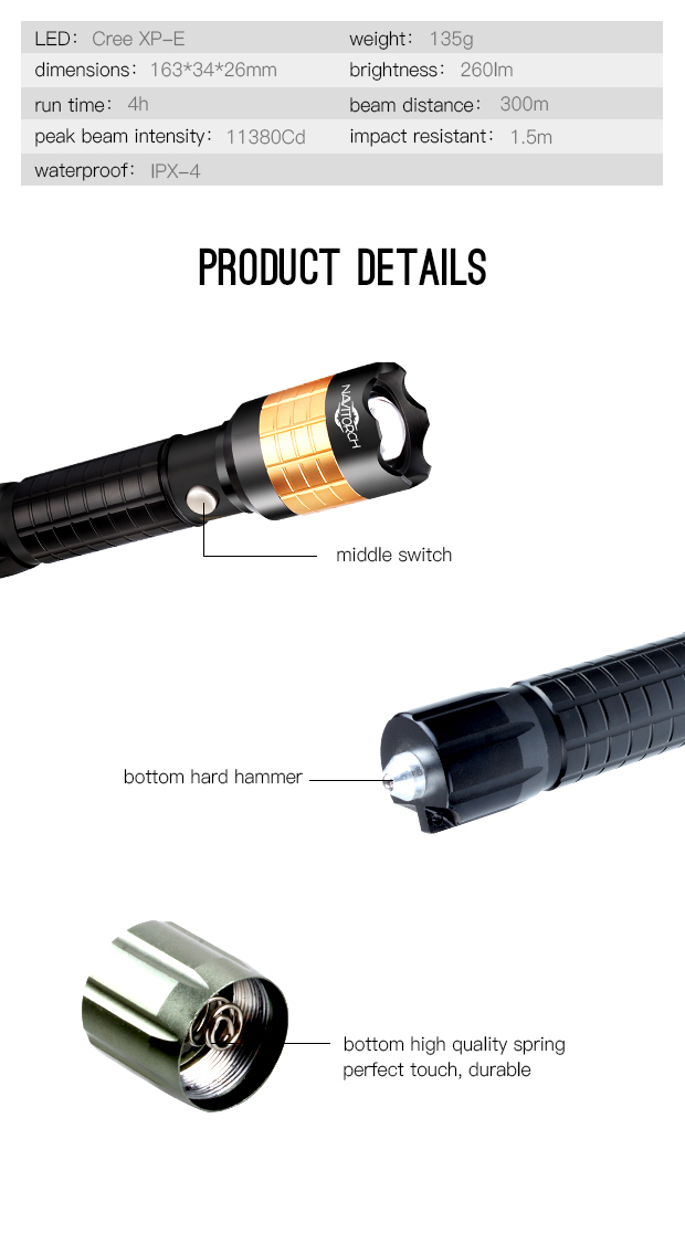 CREE XP-E LED 260 Lumens Zoomable LED Flashlight (NK-1869)