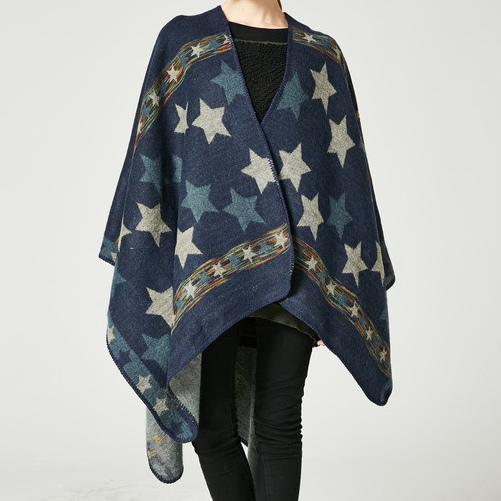 Women's Color Block Open Front Blanket Poncho Bohemian Cashmere Like Star Printing Cape Thick Warm Stole Throw Poncho Wrap Shawl (SP222)